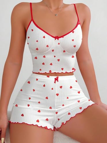 Image of Hilinker Womens Graphic Print Ribbed PJ Set Crop Cami Tops and Shorts Cute Pajamas Set