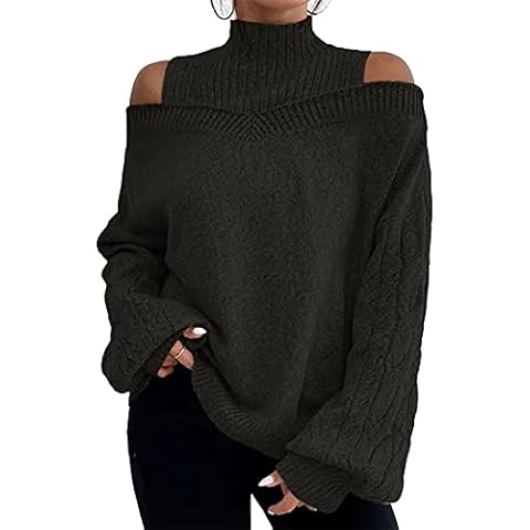SOMTHRON Women's cable knit cold shoulder high neck long sleeve pullover solid colour loose fit chunky jumper, black, XL Cover