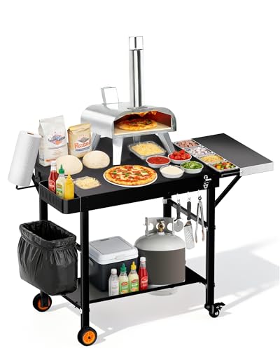 Outdoor Pizza Oven Table with Topping Station, Portable Pizza Oven Cart with BBQ Prep Tables Station for Ninja Woodfire Grill, Blackstone Griddle, Tabletop Grill