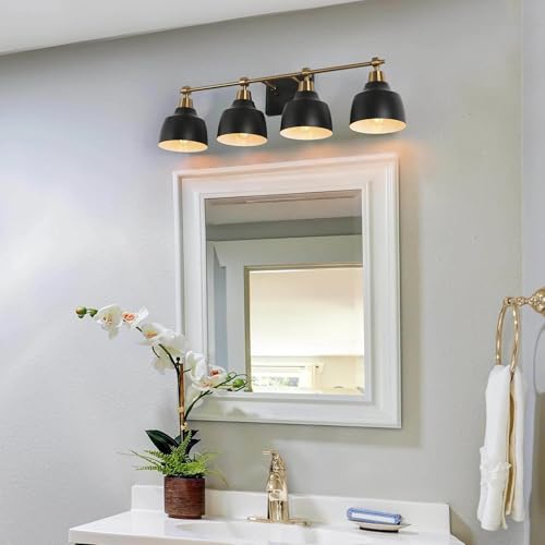 Image of KSANA Bathroom Light Fixtures, 4-Light Black Bathroom Vanity Lights with Gold Socket, 29'' Modern Farmhouse Bathroom Lighting Lights Over Mirror with Black Metal Shade