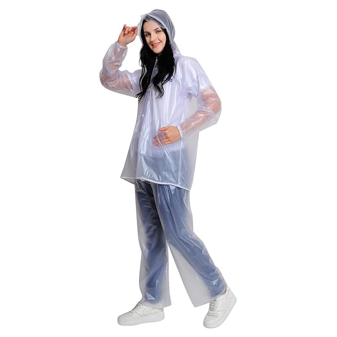 Men's PVC Waterproof Rainsuit with Hoods and Side Pocket, 100% Waterproof Portable Rainwear (White)