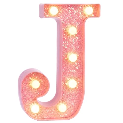 Image of Pink Marquee Light Up Letters, Glitter Alphabet LED Letter Lights for Pink Birthday Party Decorations, Battery Operated Letter Sign for Girls Room Vanity Table Decor, Warm White Lights Letter J
