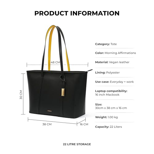 Image of Mokobara The Astrid Tote Bag for Women | Premium Vegan Leather Office Handbag | Fits 16 Inch Laptop | Extra Large 22L Shoulder Bag with Bottle Sleeve Morning Affirmations | Black