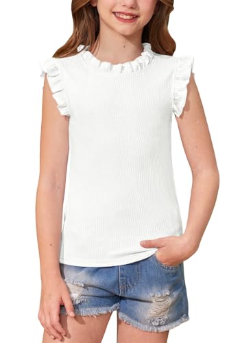Image of BesserBay Girls Summer Flutter Sleeve Shirts Knit Ruffle Collar Slim Fit Casual Vertical Texture Tank Tops 5-14 Years