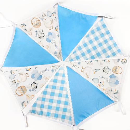 Image of 32Ft Goose Party Decorations Blue Gingham Plaid Silly Goose Themed Fabric Banner Triangle Pennant Flag Garland Streamers for Kids Boys Farm Animals First Birthday Baby Shower Duck Garden Supplies