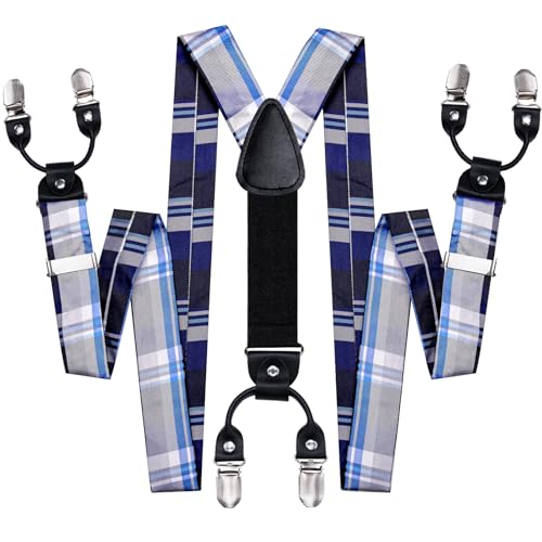 Image of Hi-Tie Men Suspender Bowtie Set Suspenders Pre-tied Bow Tie Pocket Square Cufflinks Adjustable Y Shape 6 Clips Braces Tuxedo