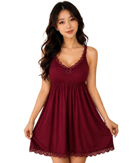 Women Lace Babydoll Dress | Satin Nightslip and Chemise Sleepwear | V-Neck Nightgown Full Slip Sleepwear for Honeymoon, Valentine & Bridal Night-image-46