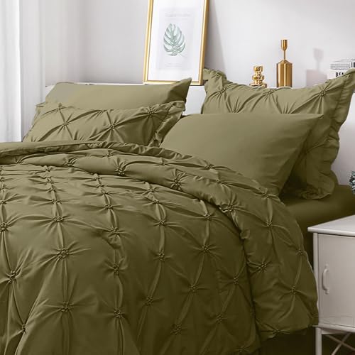 JOLLYVOGUE Olive Green Cal King Size Comforter Sets 7 Pieces, Pintuck Bed in a Bag Comforter Set for Bedroom, Bedding Comforter Sets with Comforter, Sheets, Ruffled Shams & Pillowcases