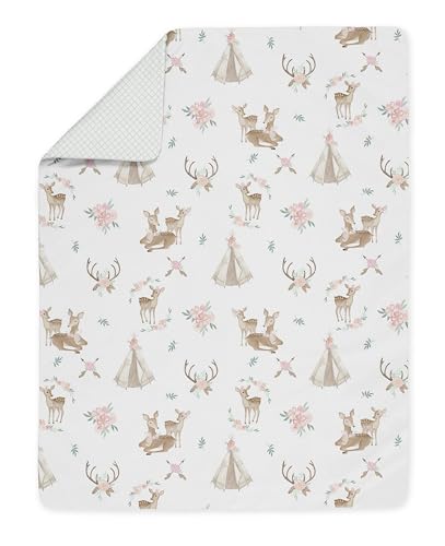 Image of Sweet Jojo Designs Blush Pink, Mint Green and White Boho Watercolor Woodland Deer Floral Girl Toddler Kid Childrens Bedding Set - 5 Pieces Comforter, Sham and Sheets