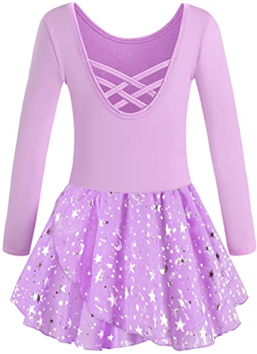 WYHDY Girls Ballet Leotards for Dance Hollow Crisscross Back Long Sleeve, Shiny Skirt(40421-09Y-L)