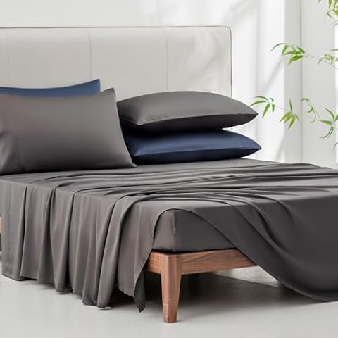TOSMO Luxury Sheet Set 4 Piece Queen Size - 100% Viscose Derived from Bamboo - 18” Extra Deep Pockets, Oeko-Tex Certified, Silky Soft, Cooling and Breathable (Queen, Dark Grey) Cover