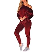 Fixmatti Womens 2 Piece Off One Shoulder Sweatshirt Jogging Set Velvet Sweatsuit