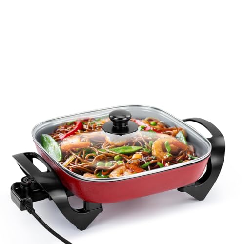 Image of VBM Multi-Functional Electric Hot Pot Skillet with Vented Glass Lid Frying Pan Nonstick Cooking Sauteing, Simmering and Braising 1400W Temperature Control Non-Stick Coating Cooker For Kitchen