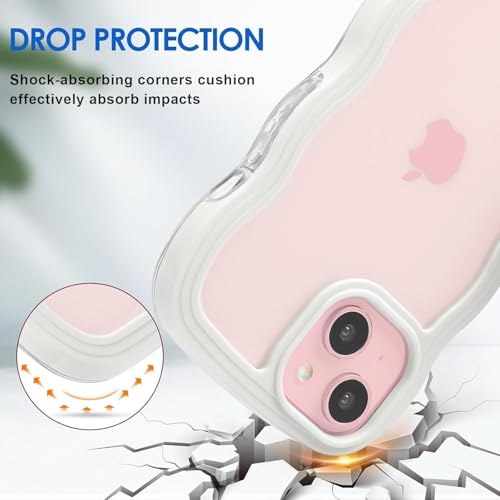 Image of GoldKart iPhone 15 Plus Case Wavy Edge Clear Back Design, Anti-Slip Grip Cute Wave Curly Frame Shape Shockproof Soft TPU & Hard PC Bumper Protective Phone Case Cover for Women Girls - White