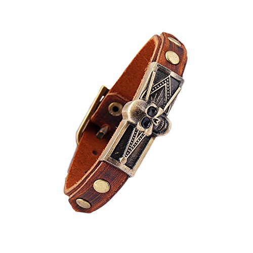 JSEA Vintage Metal Embossed Masonic Freemasonry Skull Brown Leather Bracelet Bangle3