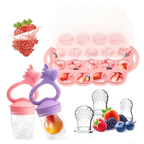 Image of Baby Fruit Food Feeder Breastmilk Popsicle Molds for Teething Relief, Introduce New Foods, Silicone Freezer Tray with Lid, Includes 6 Food Pacifiers (Pink & Purple)