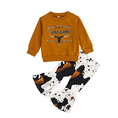 Image of Hnyenmcko Toddler Western Baby Girl Clothes Bell Bottom Outfits Long Sleeve Cowgirl Sweatshirt + Cow Print Pants Fall Outfit