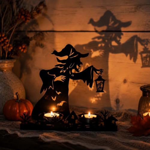 Elegant Metal Halloween Candle Holder with Witch Bats and Pumpkin (Black) - image 2