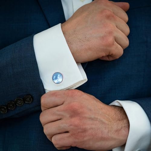 Round Ocean Blue Mother of Pearl Shell Cufflinks for Men Women In Gift Case Handmade Round Men's Cufflinks Jewelry Set for Wedding Anniversary Business Party Events Tuxedo Dress Shirt2