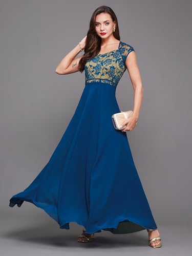 Image of Miss Chase Women's Round Neck Cap Sleeves Lace Knee -Long Skater Dress