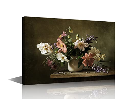 TISHIRON Still Life Flowers in Vase Painting Canvas Wall Art Modern Artwork Contemporary Wall Decor for Lving Room Bedroom Home Office Decorations Framed Ready to Hang 16" x 24"