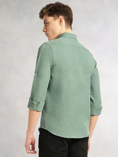 Image of Thomas Scott Men's | Solid | Textured Fabric | Full Sleeve | Slim Fit | Polyester-Blend | Spread Collar | Casual Shirt