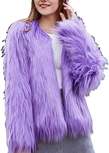 foefaik Women's Solid Color Shaggy Faux Fur Coat Long Sleeves Jacket Outerwear Tops