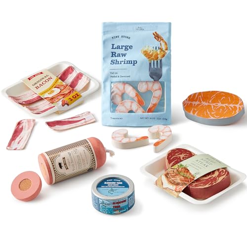 Tiny Land Organic Play Food Set - 6PCS Wooden Seafood & Meat Toy Set for Kids, Pretend Grocery for Kitchen Play, Montessori Toy Gift