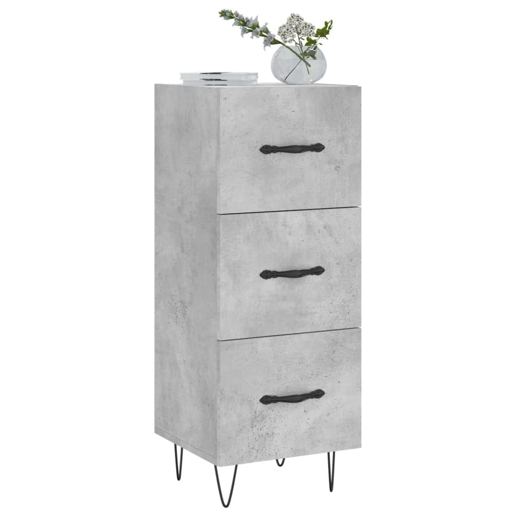 Kredens szary betonowy materiał drewnopochodny z metalowymi nogami, 34,5 x 34 x 90 cm, komoda do salonu, szafka pomocnicza z 3 szufladami, do korytarza, jadalni i sypialni