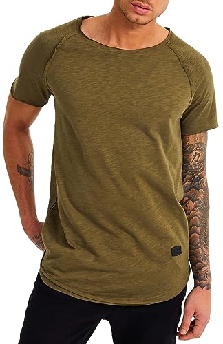 LEIF NELSON Herren Sommer T-Shirt V-Ausschnitt Slim Fit Baumwolle-Anteil Moderner Männer T-Shirt V-Neck Hoodie-Sweatshirt kurzarm lang LN6339 Khaki Medium