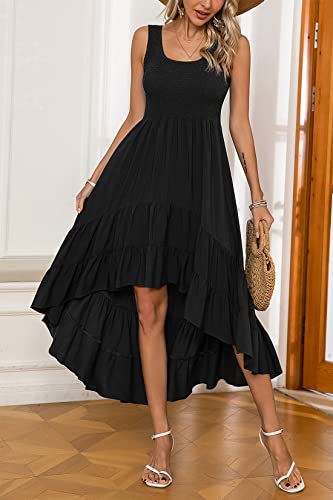 Image of Kormei Women's Casual Smocked Tank Dress Sleeveless High Low Flowy Summer Beach Tiered Loose Maxi Long Dresses L Black