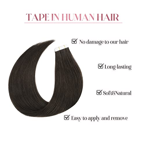 Image of Sixstarhair Off Black Tape In Hair Extensions Black Brown Hair Extensions For Women Seamless Tape In Extensions Remy Human Hair 20 Pieces 50g per Pack [Color 1B 16inch]