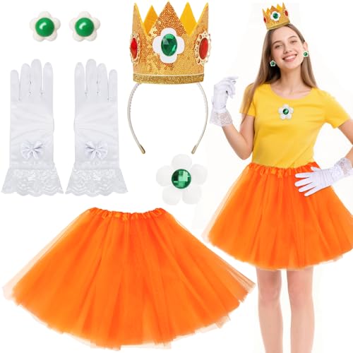 BOXPATH 5 Pcs Princess Costume and Accessories Set for Women Crown/Brooch/Earring/Tutu Skirt Halloween Dress Up (Yellow Large)