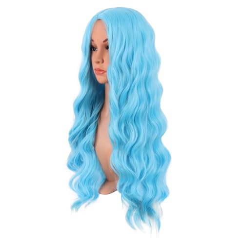 Image of MapofBeauty 28 Inch /70 cm Long Wavy Middle Part with No Bangs Synthetic Fiber Curly Fashion Women Party Cosplay Wig (Sky Blue)