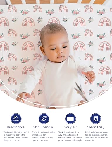 Image of TotAha Pink Rainbow Crib Sheets Girl - Hypoallergenic, Silky Comfort, Buttery Soft, Calming Effect, All-Season Premium Stretchy Jersey-Knit Sheets, 9'' Extra Deep Pocket-2 Pack