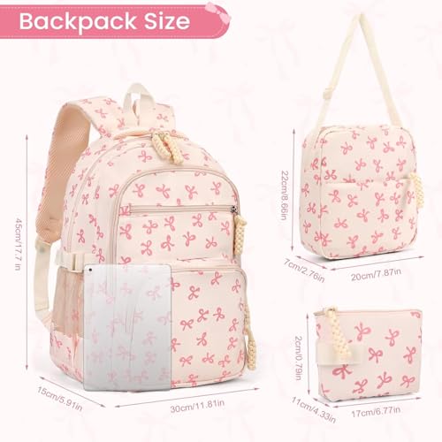 Coquette Bow Backpack 3Pcs Set - Cute Kawaii Daypack for Women/Girls | Multi-Pocket Aesthetic Rucksack with Pink Bow Pattern (Bow Blue)4