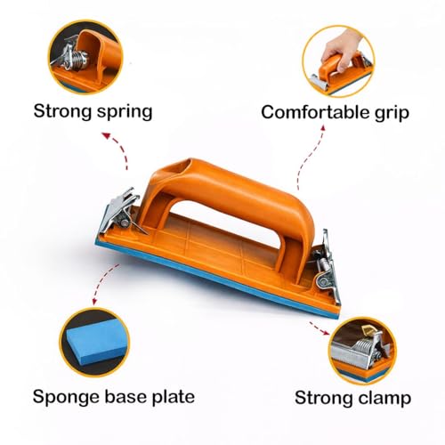 Image of Sanding Hand Block Sleeker - Manual Sandpaper Holder with Dual Metal Clips, Soft Base & Strong Orange Plastic Body for Wood & Wall Sanding (Sleeker Yellow, 7 inch)