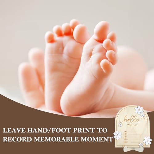 Image of Wooden Hello World Newborn Sign Baby Announcement Sign for Baby Showers Daisy Newborn Birth Announcement Board Welcome Darling Shower Gifts for Hospital Nursery with Photo Frame and Stand