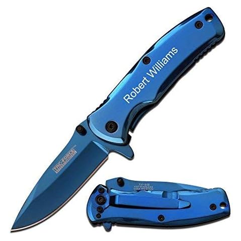 ForeverGiftsusa Free Engraving - Quality Titanium Coated Stainless Steel Spring Assisted Pocket Knife (Blue) Cover