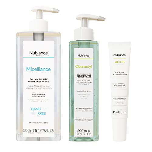 NUBIANCE - Traitement de l'acné, points blancs, points noirs - Peaux mixtes - Favorise l'écoulement du sébum - Eau micellaire - Exfoliant visage et corps - Gel nettoyant visage - Creme correctrice Cover