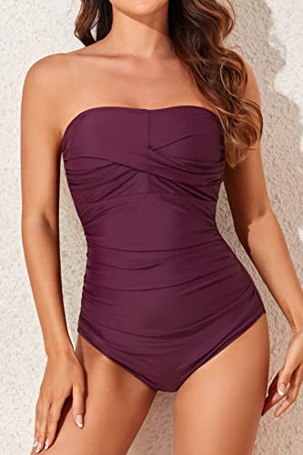 Image of Smismivo Tummy Control Swimwear Strapless One Piece Swimsuit Ruched Bathing Suits for Women Slimming Bandeau Tube Top Bikini