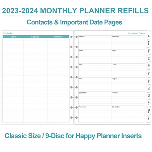 2023-2024 Monthly Planner Refill, 18 Months From July 2023 To December 2024, 9-Disc Discbound Pre-Punched Happy Planner Inserts, Two Pages Per Month, 7 X 9.25 In, Ocean #TOP4