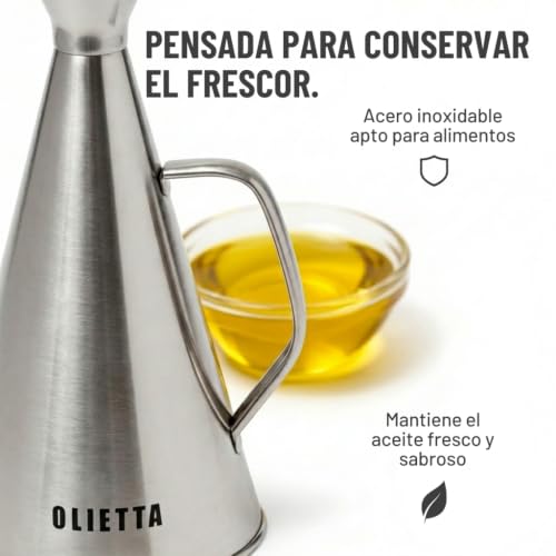 Miniatura 4 de Olietta - Aceitera Vinagrera Antigoteo De Acero Inoxidable De 500 Ml 0,5 Litros - Con Pitorro Vertedor A Prueba De Fugas - Ideal Para Dispensar Aceite De Oliva, Vinagre, Etc. - Fácil De Limpiar