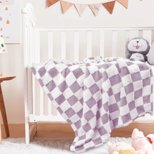 Image of HOMRITAR Purple Checkerboard Baby Blanket for Boys Girls Fluffy Fleece | Soft Plush Warmer Receiving Blanket for Infant Toddler Shower Gift Nursery Crib Bed Stroller All Season 30 x 40 Inch