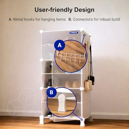 Image of BOXJOY 6 Shelf Shoe Rack with 3 Translucent Doors, 5 Hook Steel Holder & Wooden Hammer, Home Storage PP Plastic Organizer with Metal Door Frame to Cover Chappal Slipper Sandals Shoes Box Stand (White)