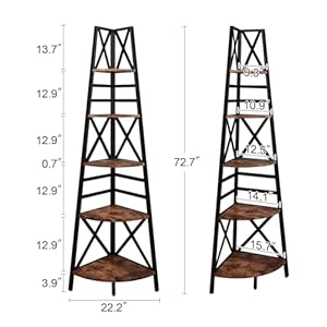HOMBAZAAR Corner Shelf72 Inch Industrial Bookshelf for Corners5 Tier Tall Ladder Shelves with Metal FrameRustic Shelving Stand for Living Room Bedroom Office Rustic Brown