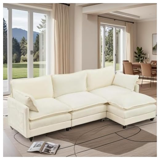Glasflength Modular Sectional Couch, Comfy Cloud Couch with Ottoman/Pillows, 113" 3-Seat Sleeper Deep Seat Sofa, L Shaped Sectional Couch for Living Room, Bedroom, Apartment, Cream White