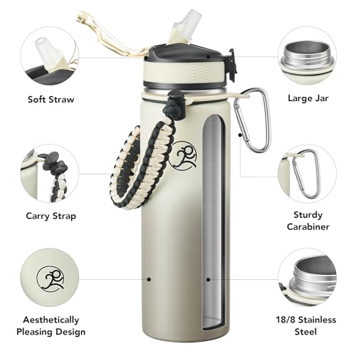 Image of GOSWAG 24oz Insulated Stainless Steel Travel Water Bottle, 2 Lids | with straw and no straw, Paracord handle, Double-wall vacuum keeps drinks cold or hot, Leakproof tumbler
