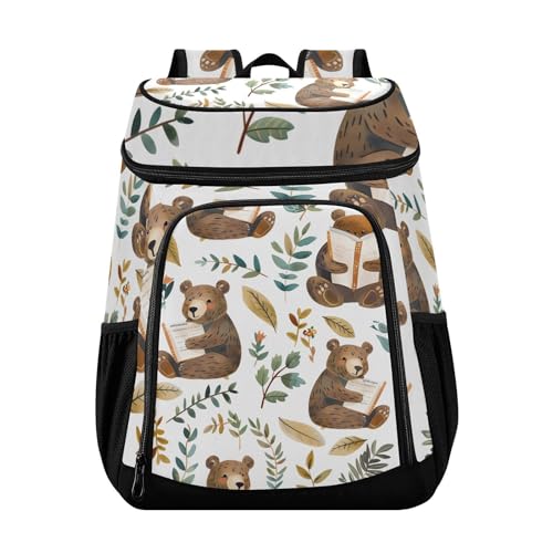 Bears Read Books Cute Cooler Backpack Cooler Insulated Leak Proof Lunch Backpack 36 Cans Waterproof Soft for Men Women Picnic Hiking Camping Beach