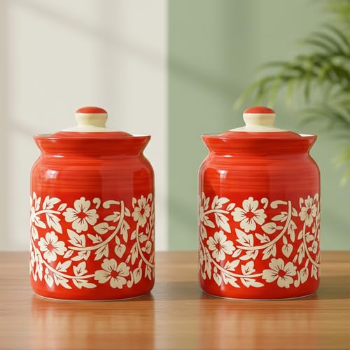 Image of Ceramic Handmade Kitchen Jars in 1000ml (set of 2) | Handpainted Floral Bale 1 kg Achar Martban | Jadi for Kitchen Storage containers (Set of 2) | Jars for Achar, Spices, Salt (Full Red Floral Bale)